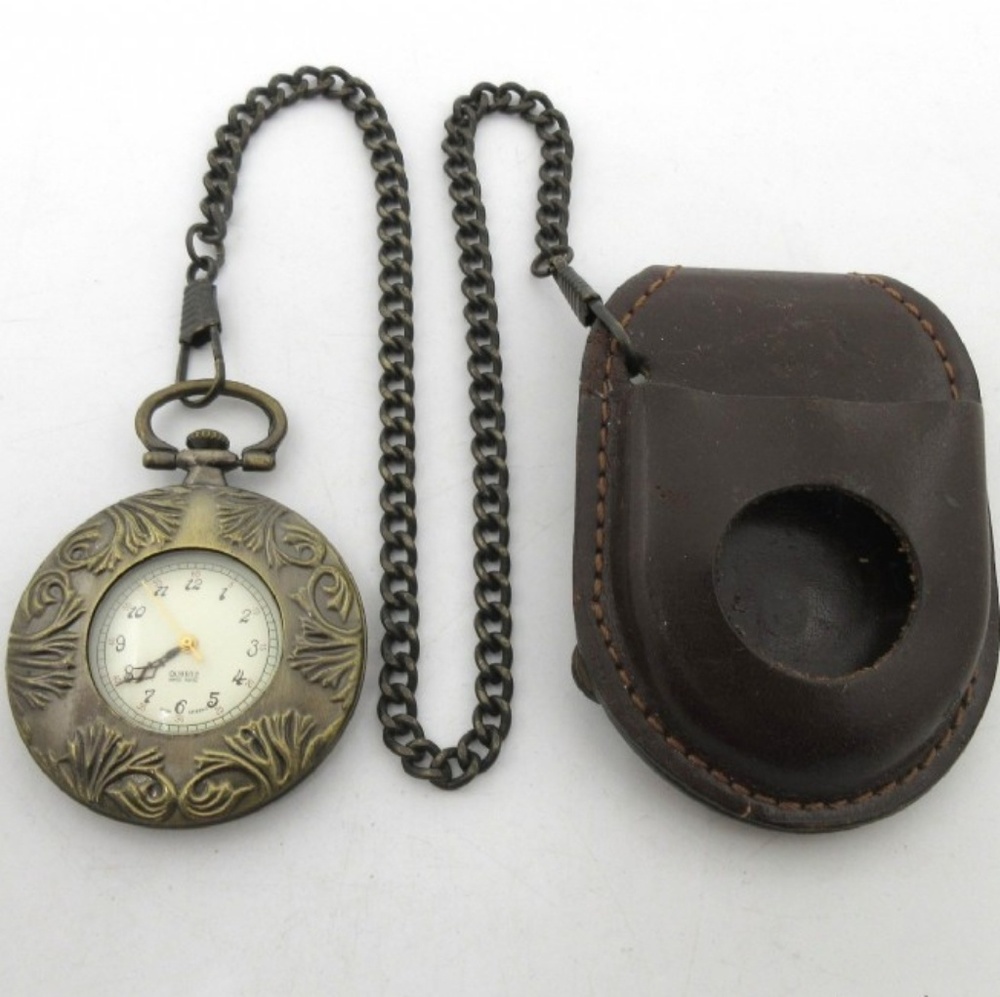 Quartz/Swiss Parts Pocket Watch w/ Leather Case